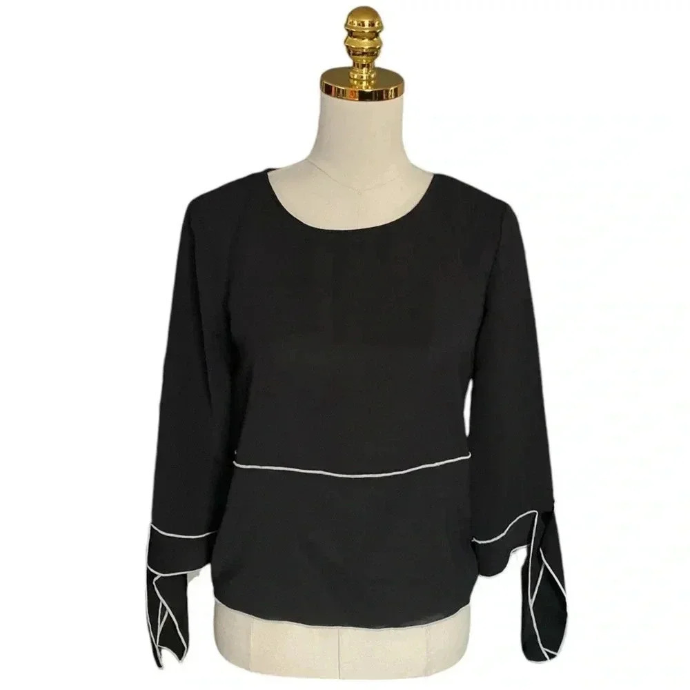 ZARA | Black White Piped Long Sleeve Crêpe de Chine Top Size XS